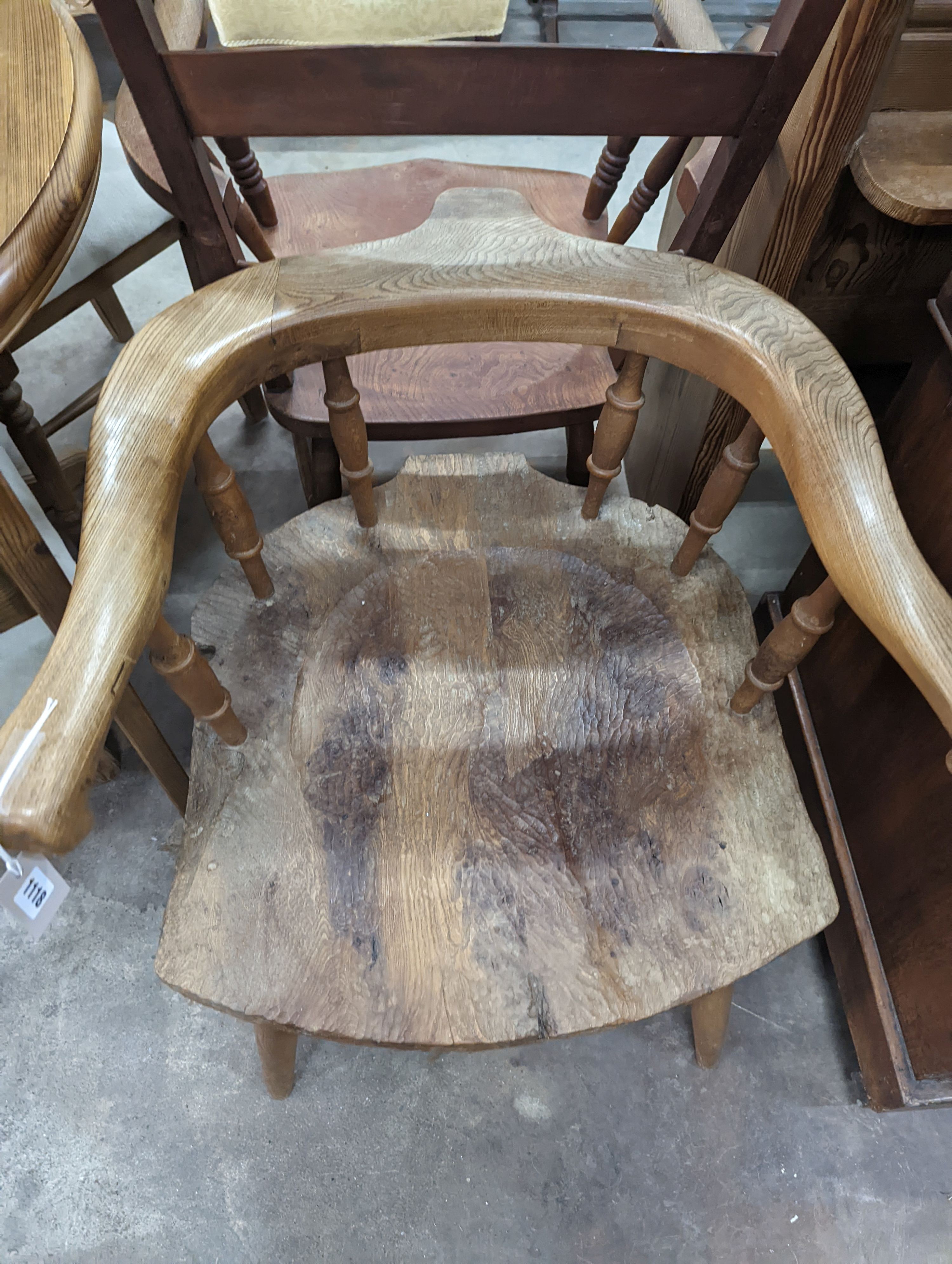 A contemporary Primitive design ash and elm elbow chair, width 68cm, depth 60cm, height 71cm